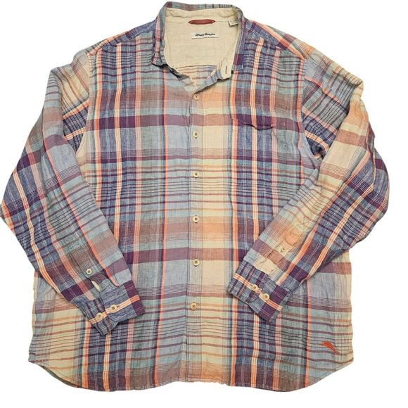 Tommy Bahama Linen Madras Plaid Multicolor Button Up Shirt Men Sz XL Long Sleeve - Picture 2 of 8